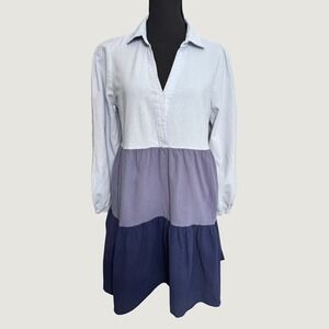 Simply Southern Light Blue Gray Navy Colorblock Tiered Cotton Long Sleeve Dress